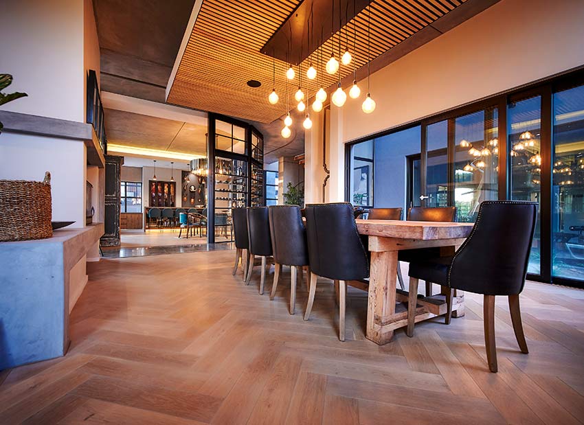 Wooden flooring in an open plan dinning area